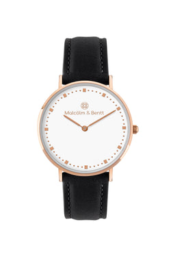 Rose Gold/White ~ Black Leather women Watch