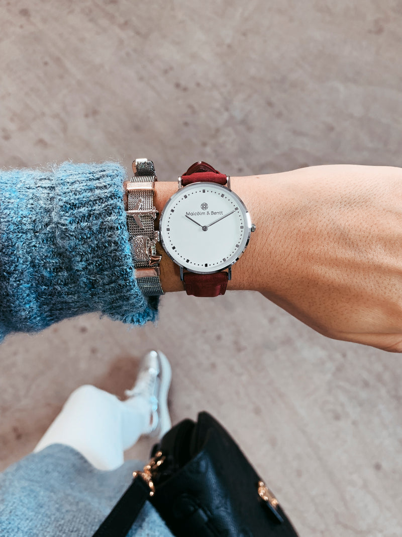 Silver/White ~ Red Leather women Watch